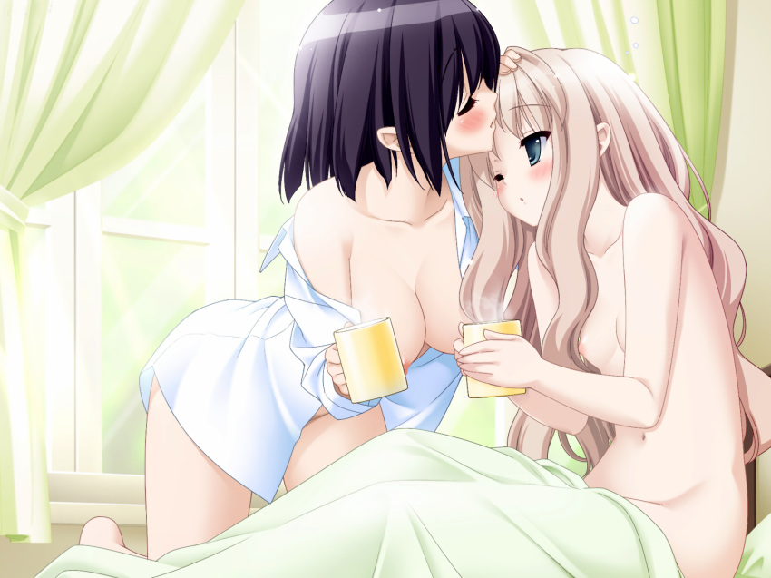 bed blue_eyes blush bottomless breasts duplicate female kawamura_reo kissing long_hair multiple_girls nipples no_bra nude open_clothes open_shirt peco peko sawaguchi_mai shirt short_hair sono_hanabira_ni_kuchizuke_wo wallpaper white_hair yuri