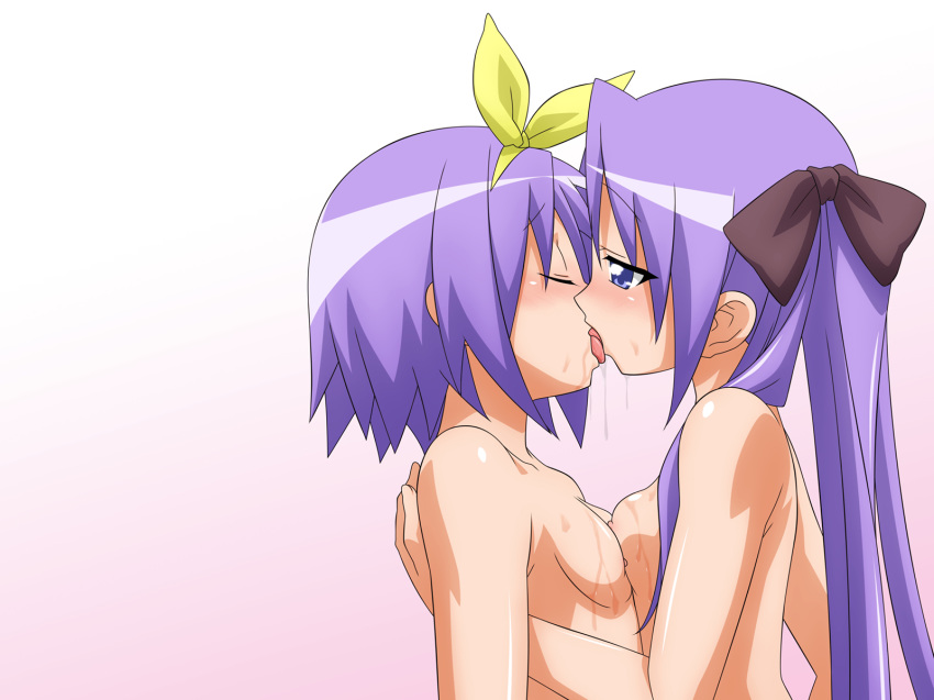 breast_press breasts erect_nipples female female_only human incest kagami_hiiragi kissing lucky_star multiple_females multiple_girls nipples nude siblings sister sisters small_breasts tsukasa_hiiragi twincest twins yuri