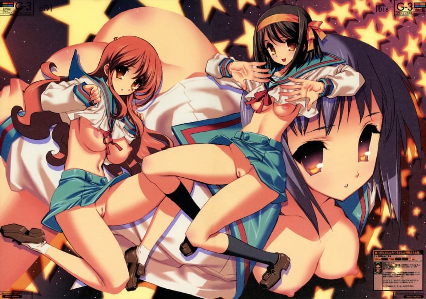 asahina_mikuru ass breasts censored itoh_ben nagato_yuki nipples no_bra nopan pussy seifuku suzumiya_haruhi suzumiya_haruhi_no_yuutsu suzumiya_haruhi_no_yuuutsu