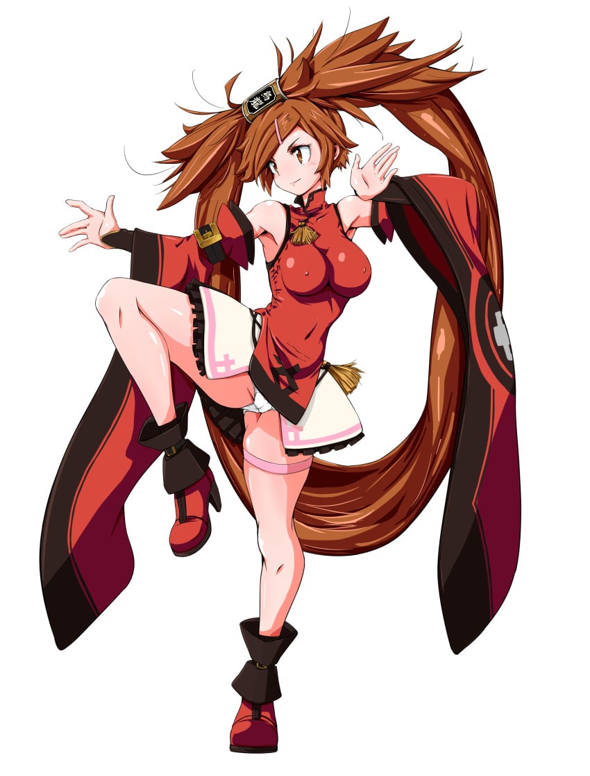 2020 blush boots breasts brown_eyes brown_hair cameltoe detached_sleeves erect_nipples erect_nipples_under_clothes guilty_gear hair_ornament heel_boots heels kuradoberi_jam long_hair msakiloveruiko one_leg_up panties pantyshot pantyshot_(standing) skin_tight standing tagme thighs very_long_hair white_panties