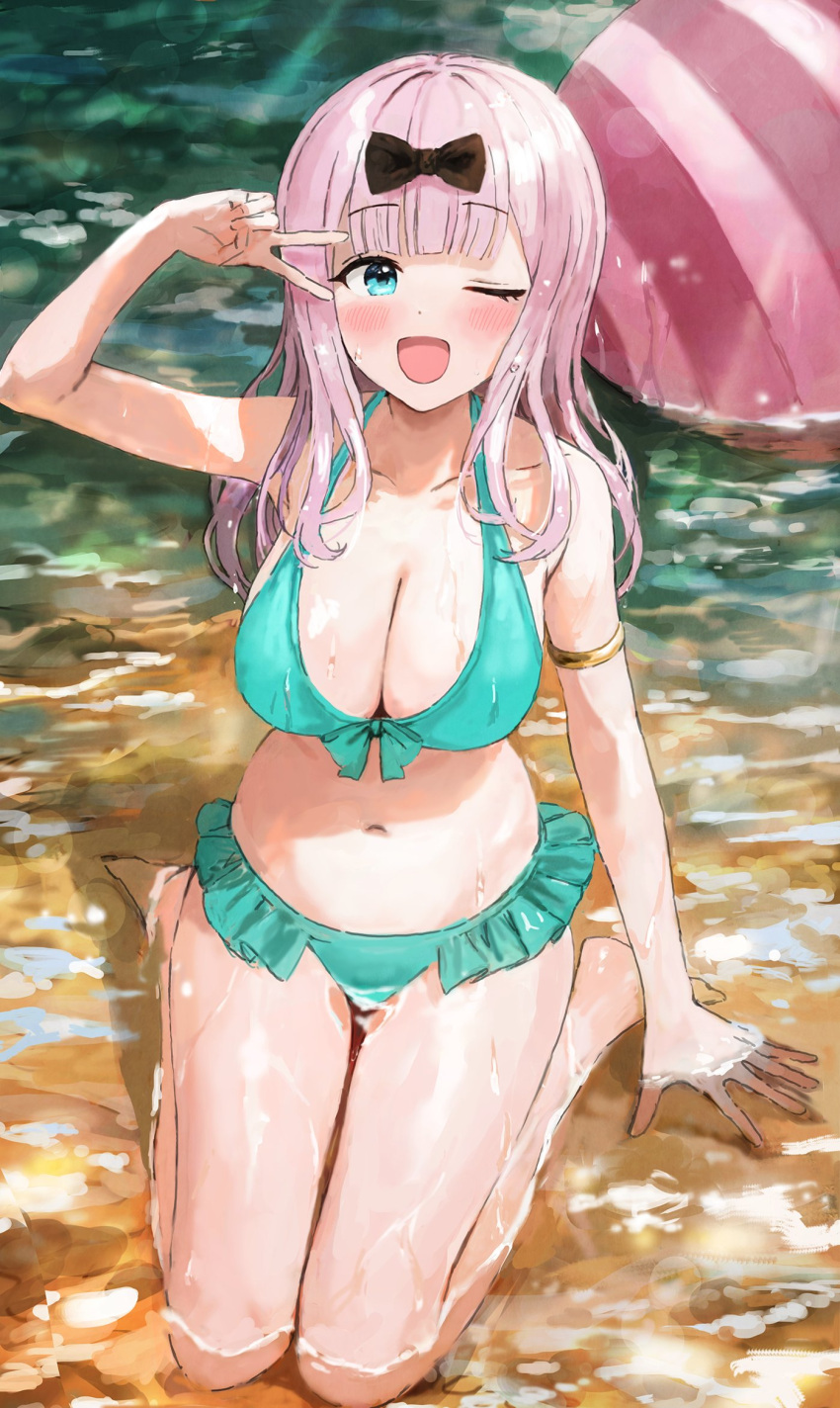 1girls belly belly_button big_breasts bow breasts fujiwara_chika huge_breasts kaguya-sama_wa_kokurasetai_~tensai-tachi_no_renai_zunousen~ not_porn pink_hair sonchi swimwear thick thighs tummy