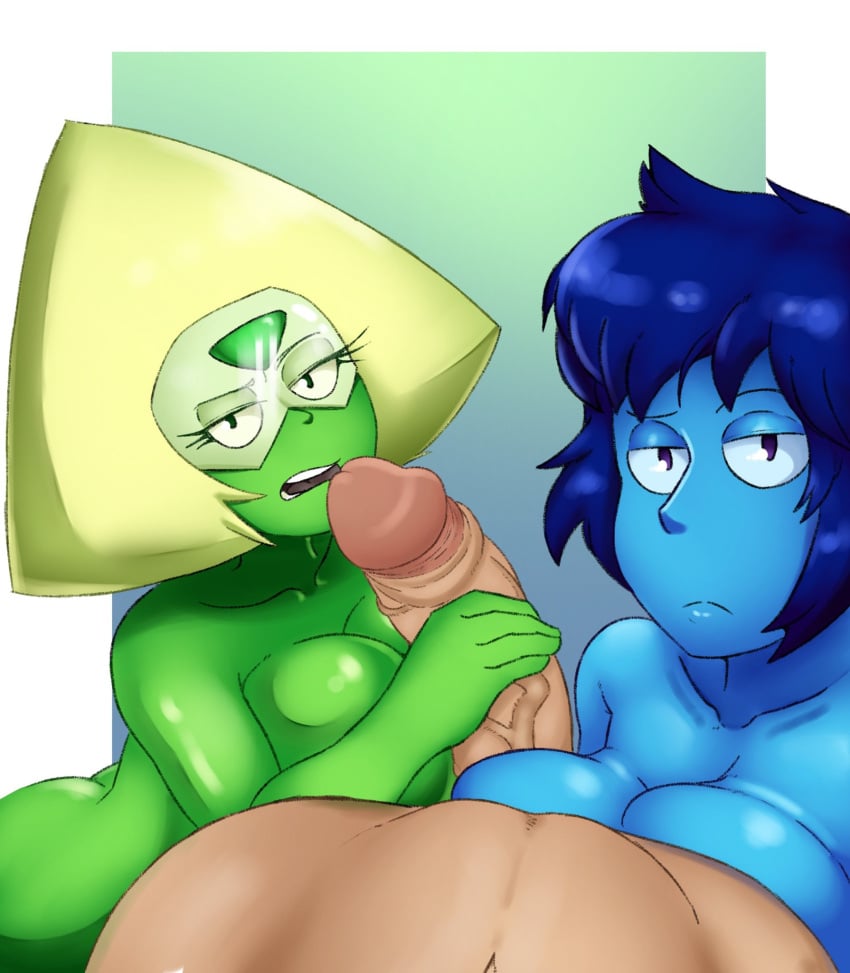 1boy 2girls alien alien_girl annoyed annoyed_expression bjarruafterdark blowjob blue_body blue_hair bored bored_expression cartoon_network cell_shading collaboration cool_colors double_handjob eyelashes female green_body green_hair green_skin handjob lapis_lazuli_(steven_universe) large_breasts large_penis lewdvalk male peridot_(steven_universe) rawhell satsukisupreme simple_background steven_universe steven_universe_future threesome yellow_hair