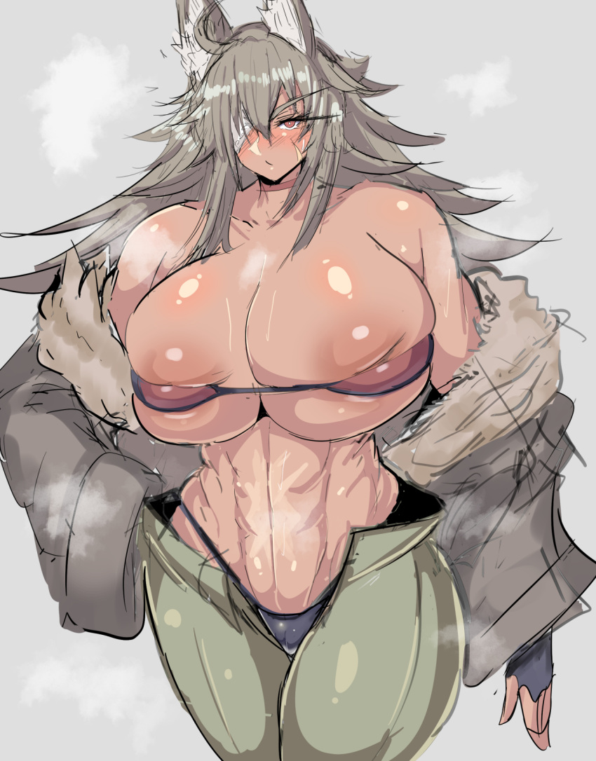 1girls abs animal_ears belly big_breasts eye_patch female female_only ghislaine_dedoldia huge_breasts huge_thighs muscular muscular_female mushoku_tensei rururu82010664 scarf solo tan tan_skin tanned tummy