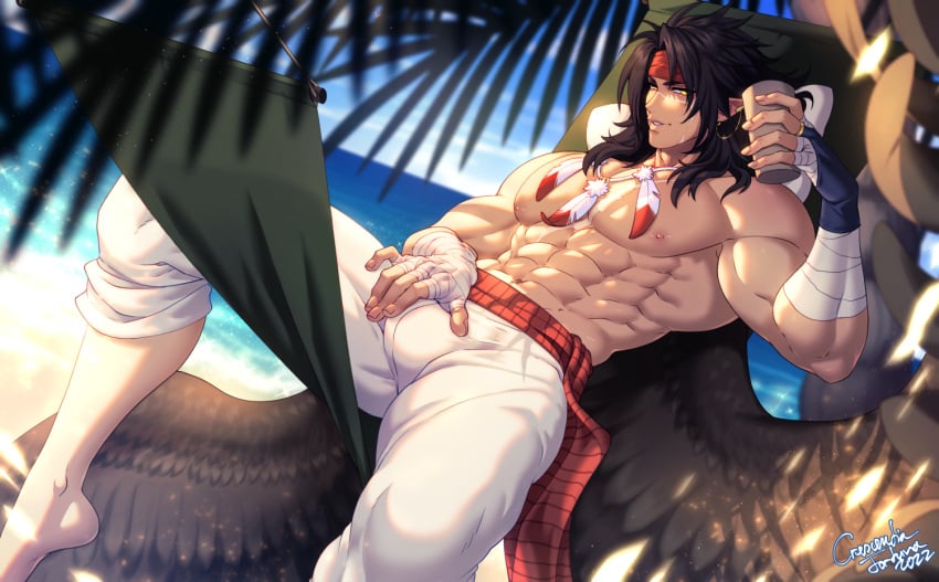 1boy abs bandages bara beach bird_boy black_hair brown_wings bulge come_hither crescentia crescentia_fortuna crotch_grab earrings feather_necklace feathered_wings fire_emblem fire_emblem:_radiant_dawn foot_out_of_frame from_side headband jewelry large_pectorals looking_at_viewer male male_focus male_only medium_hair muscular muscular_male navel necklace nintendo nipples ocean outdoors pectorals pointy_ears scar seductive_smile smile solo stomach thick_eyebrows thick_thighs thighs tibarn_(fire_emblem) topless_male wings yellow_eyes