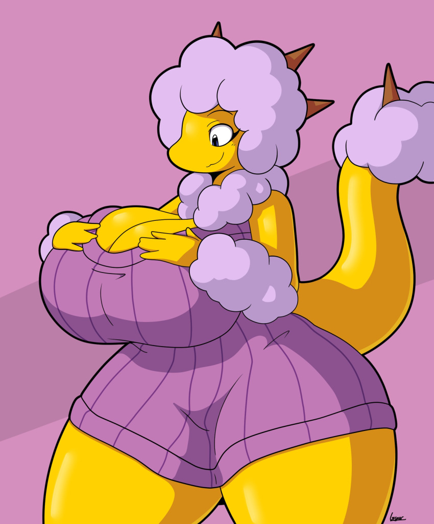 absurd_res anthro big_breasts breasts clothing dorah_(gigar) dorahden dragon female female_only fully_clothed hi_res huge_breasts scalie thick_thighs yellow_body