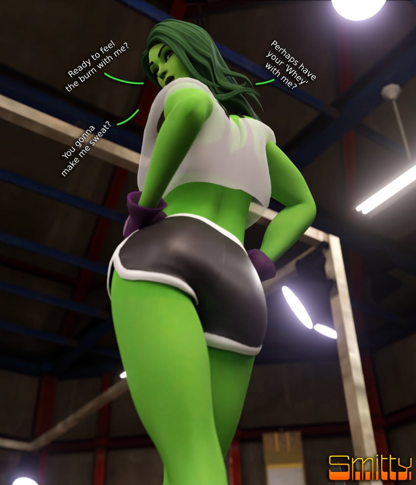 1girls 3d 3d_(artwork) blender_(software) crop_top english_text female female_only fortnite fully_clothed gloves green_body green_eyes green_hair green_skin hulk_(series) looking_at_viewer looking_back looking_down low-angle_view marvel marvel_comics rear_view she-hulk she-hulk_(fortnite) short_shorts shorts smitty34 solo teasing text thighs workout_clothes