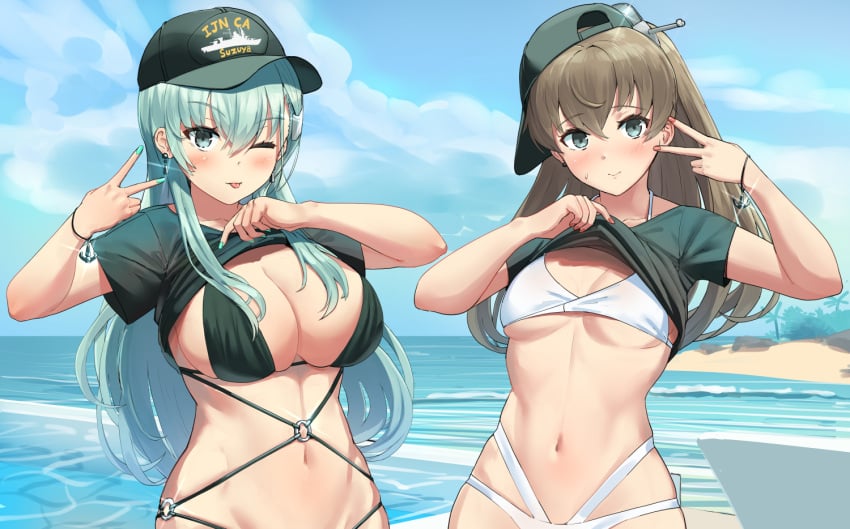 2girls backwards_hat bikini blush bracelet breasts brown_hair cleavage closed_mouth clothes_lift collarbone earrings green_bikini green_eyes green_hair green_headwear green_nails hat jewelry kantai_collection kumano_(kantai_collection) large_breasts long_hair multiple_girls navel one_eye_closed osananajimi_neko shirt_lift small_breasts smile suzuya_(kantai_collection) swimsuit tongue tongue_out v white_bikini