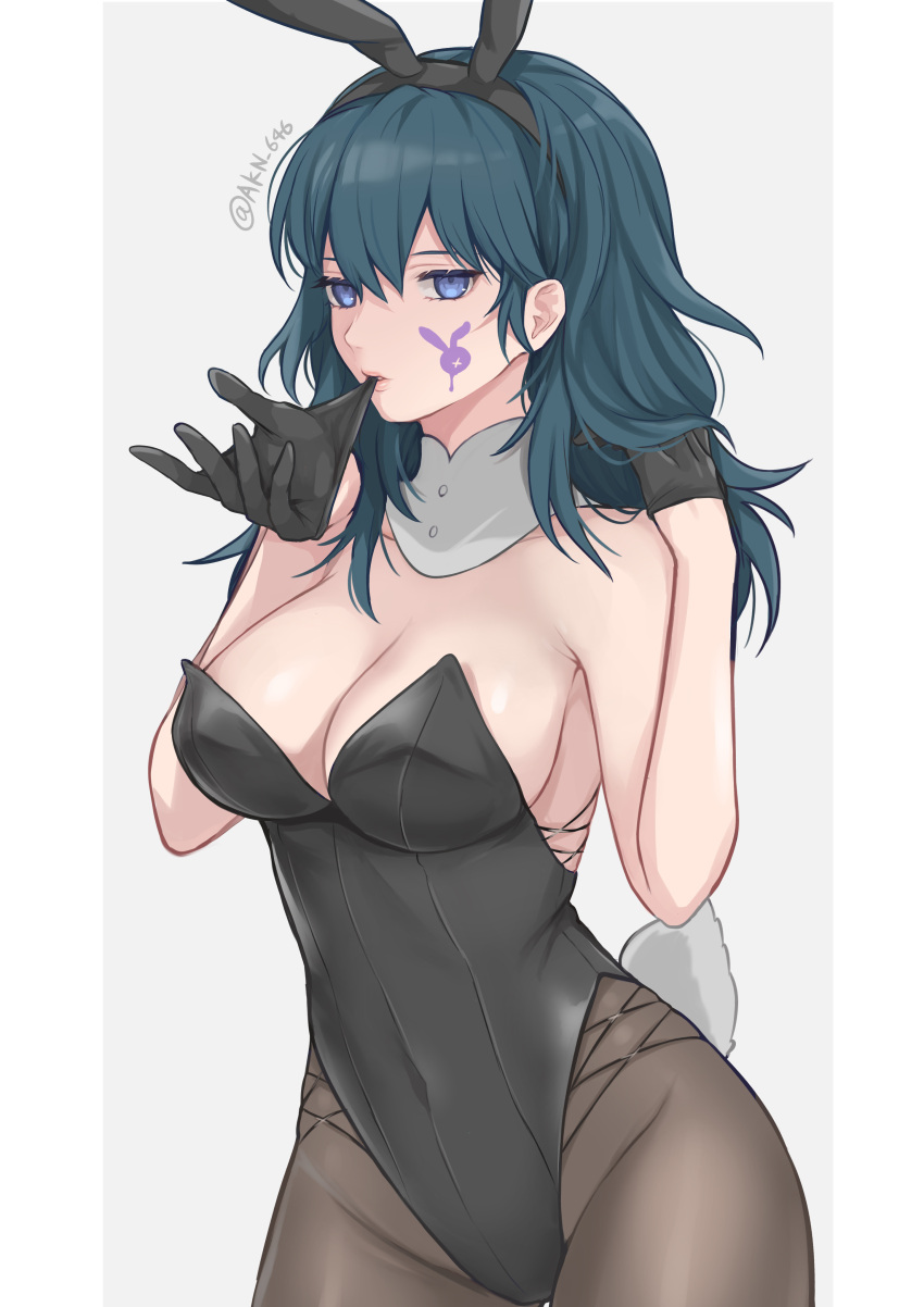 1girls alternate_costume artist_signature blue_eyes breasts bunny_ears bunny_girl bunny_tail bunnysuit byleth_(fire_emblem) byleth_(fire_emblem)_(female) cleavage fire_emblem fire_emblem:_three_houses gloves hi_res looking_at_viewer medium_hair shimizu_akina sideboob solo teal_hair tight_clothing watermark