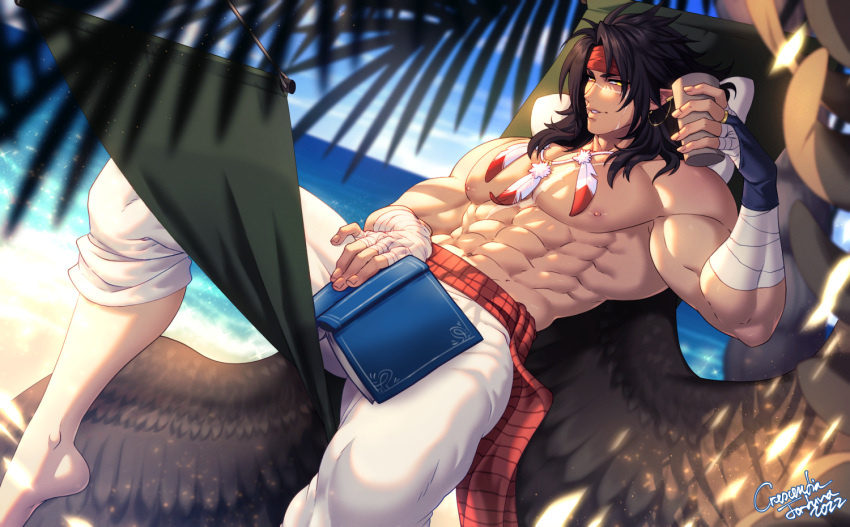 1boy abs alternate_version_available bandages bara beach bird_boy black_hair book brown_wings come_hither covering_crotch covering_privates crescentia crescentia_fortuna cup earrings feather_necklace feathered_wings fire_emblem fire_emblem:_radiant_dawn foot_out_of_frame from_side headband holding holding_book jewelry large_pectorals looking_at_viewer male male_focus male_only medium_hair muscular muscular_male navel necklace nintendo nipples ocean outdoors pectorals pointy_ears scar seductive_smile smile solo stomach thick_eyebrows thick_thighs thighs tibarn_(fire_emblem) topless_male wings yellow_eyes