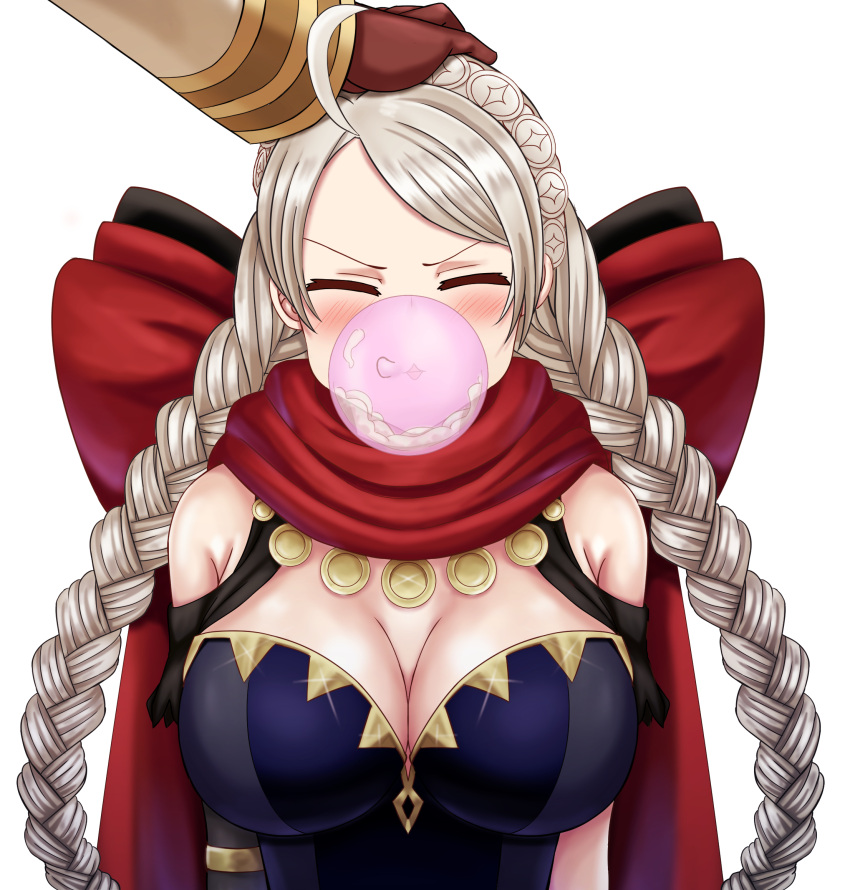 1boy 1girls ahoge bangs between_breasts braid breasts capelet chest_harness cleavage closed_eyes commission condom female female_focus fire_emblem fire_emblem_fates fire_emblem_heroes gloves hairband harness headpat highres hood hooded_capelet kiran_(fire_emblem) kiran_(fire_emblem)_(male) large_breasts leather leather_gloves leather_strap long_hair male nina_(fire_emblem) nintendo non-web_source open_mouth saikunartworks smile strap_between_breasts transparent_background twin_braids upper_body wholesome