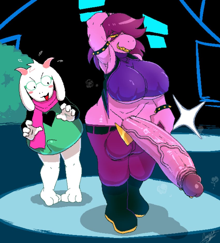 1boy 1futa anthro big_breasts big_penis bottomless breasts clothed clothing deltarune deltarune_futanari duo erection erection_under_clothes foreskin futa_is_bigger futanari glans huge_balls huge_breasts huge_cock hyper hyper_penis long_penis male mostly_clothed penis penis_out ralsei retracted_foreskin standing starykrow susie_(dark_world_form) susie_(deltarune) tagme thick_thighs uncut wide_hips