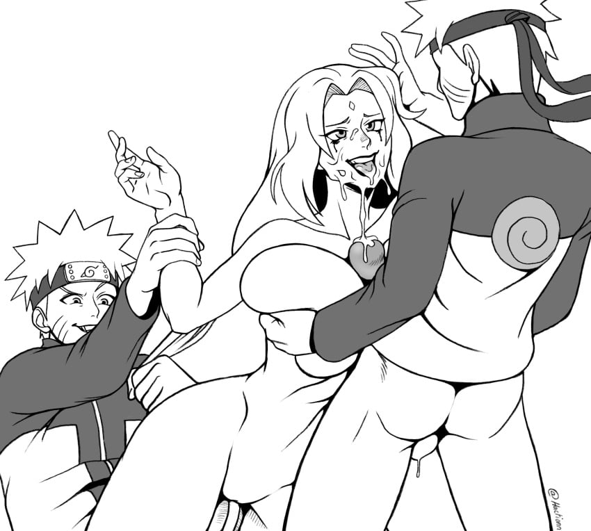 1girls 2boys age_difference arm_grab artist_name ass big_breasts black_and_white bottomless breast_grab breasts clothing cum cum_in_mouth cum_on_face facial forehead_mark forehead_protector haction_(artist) hair_pull large_breasts makeup mature_female milf naruto naruto_(series) naruto_shippuden nude paizuri penis runny_makeup sex smile titfuck tsunade uzumaki_naruto vaginal_penetration