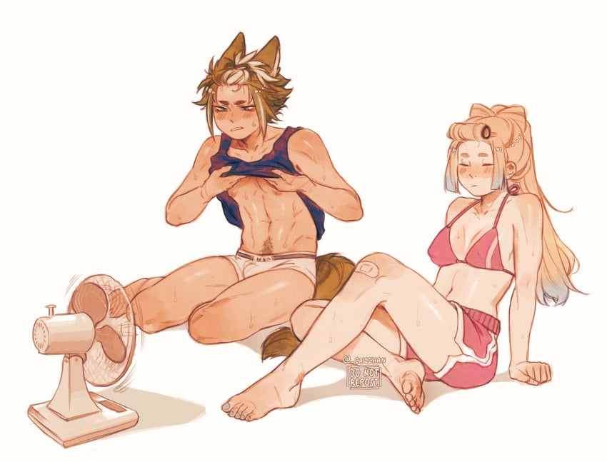 1boy 1girls abs animal_ears animal_tail bandaid bikini_top blonde_hair blush cawchan closed_eyes cooling_off dog_boy dog_ears dog_tail electric_fan fan fanning feet female genshin_impact gorou_(genshin_impact) heat hot_weather long_hair male medium_breasts multicolored_hair pubic_hair sangonomiya_kokomi shirt_lift shirt_up short_eyebrows shorts straight summer sweat sweating tank_top tank_top_lift toes