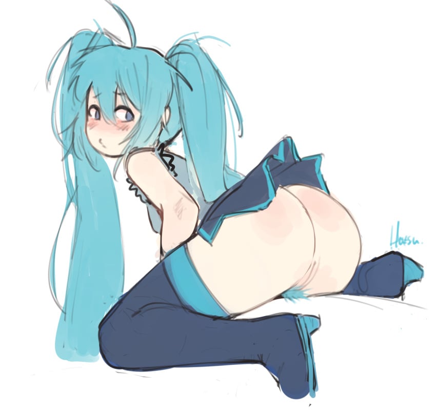 1girls ahoge aqua_hair aqua_pubic_hair artist_name ass big_ass black_footwear black_skirt blush boots bottom_heavy female female_only female_pubic_hair hatsumiilkshake hatsune_miku highres long_hair looking_at_viewer no_panties on_floor pubic_hair pussy simple_background skirt small_breasts solo thigh_boots twintails vocaloid white_background