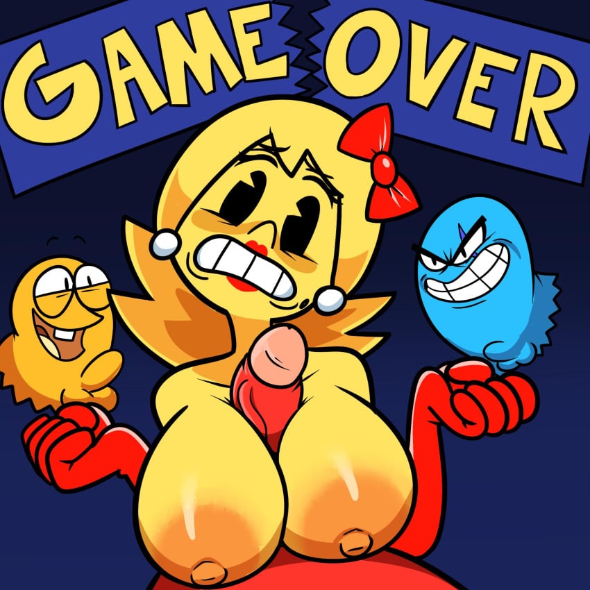 big_breasts blinky_(pac-man) bow breasts clyde_(pac-man) earrings embarrassed erect_nipples erect_penis erection game_over game_over_screen gloves huge_breasts inky_(pac-man) large_breasts lipstick ms._pac-man nipples pac-man pac-man_(series) paizuri pearl_earrings red_lipstick superspoe titfuck titjob yellow_skin