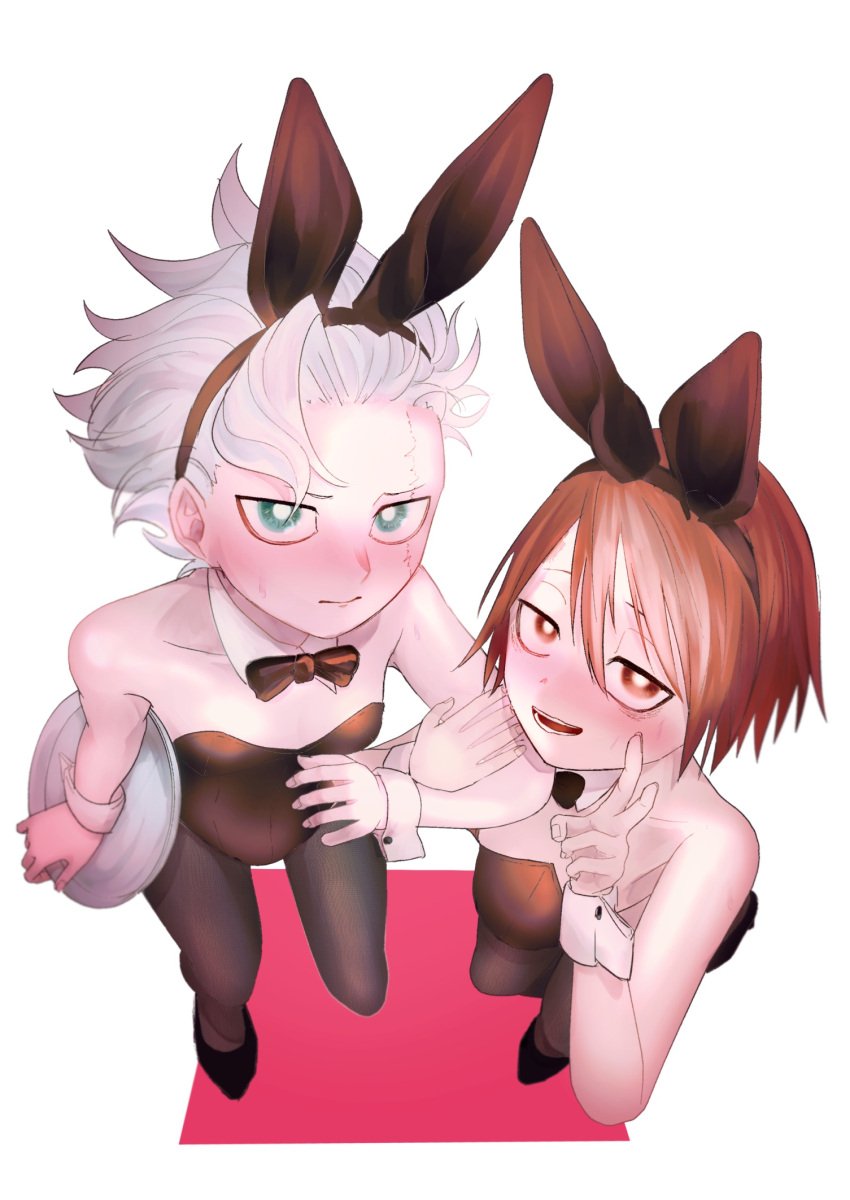 1girls 1other alternate_costume ambiguous_gender androgynous annouu_ronpa belaf blue_eyes blush bowtie bunny_ears bunnysuit detached_collar embarrassed facial_scar female flat_chest fully_clothed high-angle_view looking_at_viewer made_in_abyss playboy_bunny red_eyes red_hair short_hair small_breasts smile v vueko white_hair