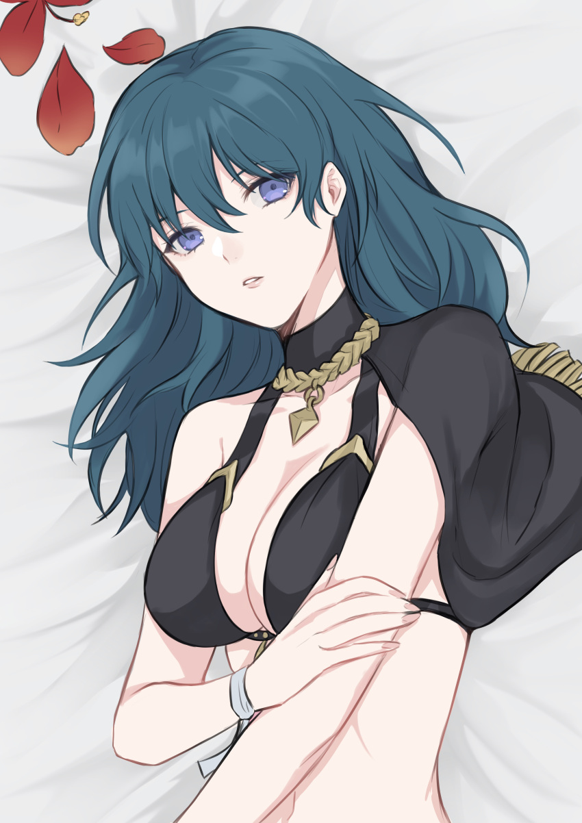 1girls alternate_costume bed bikini black_bikini black_swimsuit blue_eyes breasts byleth_(fire_emblem) byleth_(fire_emblem)_(female) byleth_(summer)_(fire_emblem)_(female) cleavage fire_emblem fire_emblem:_three_houses fire_emblem_heroes flower hi_res looking_at_viewer lying medium_hair nintendo official_alternate_costume shimizu_akina solo swimsuit teal_hair