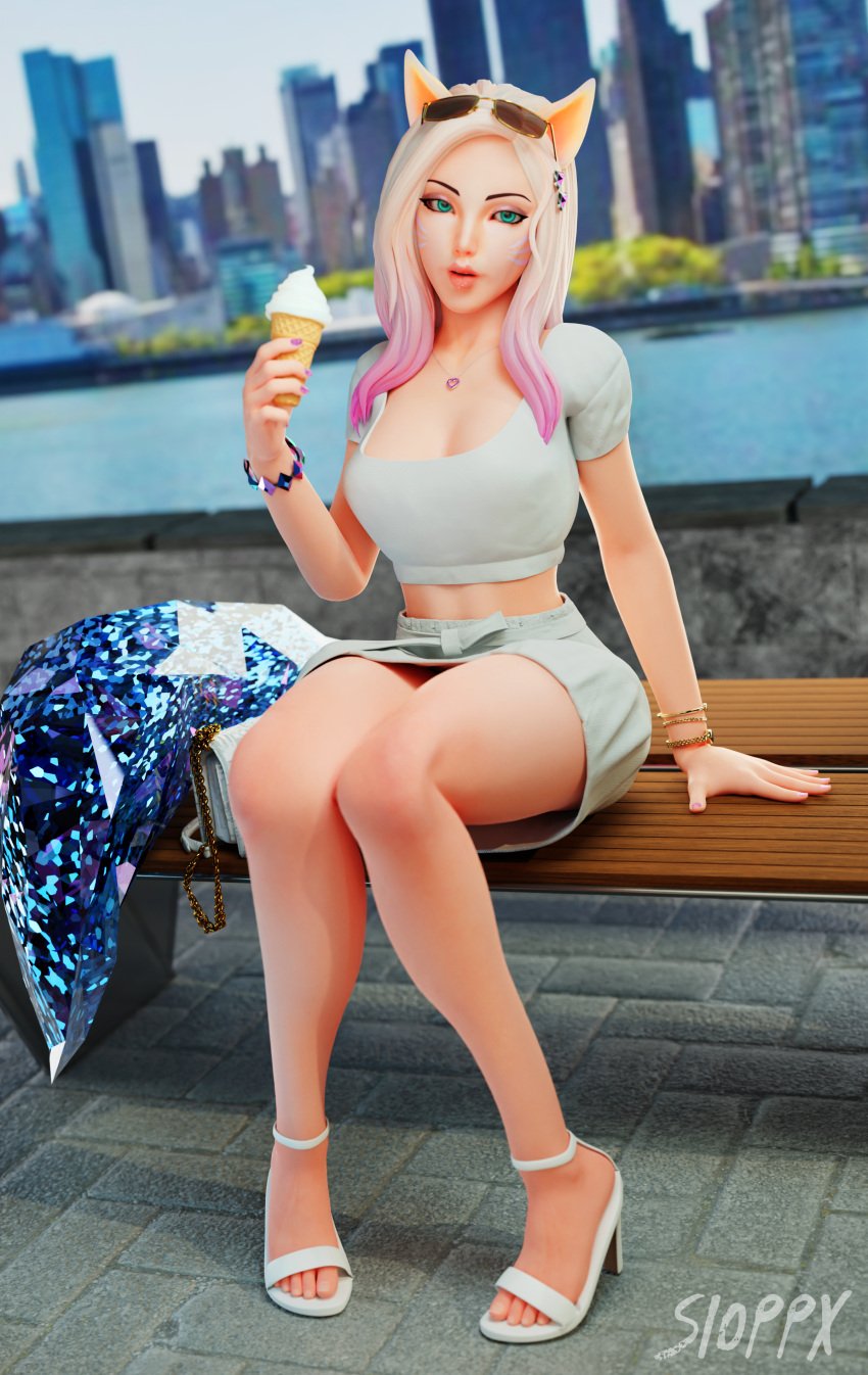 1girls 3d 3d_(artwork) ahri bench blender blonde_female blonde_hair blue_eyes casual clothed girl ice_cream k/da_ahri k/da_series league_of_legends public sioppx sitting sitting_on_chair skirt toes white_shirt