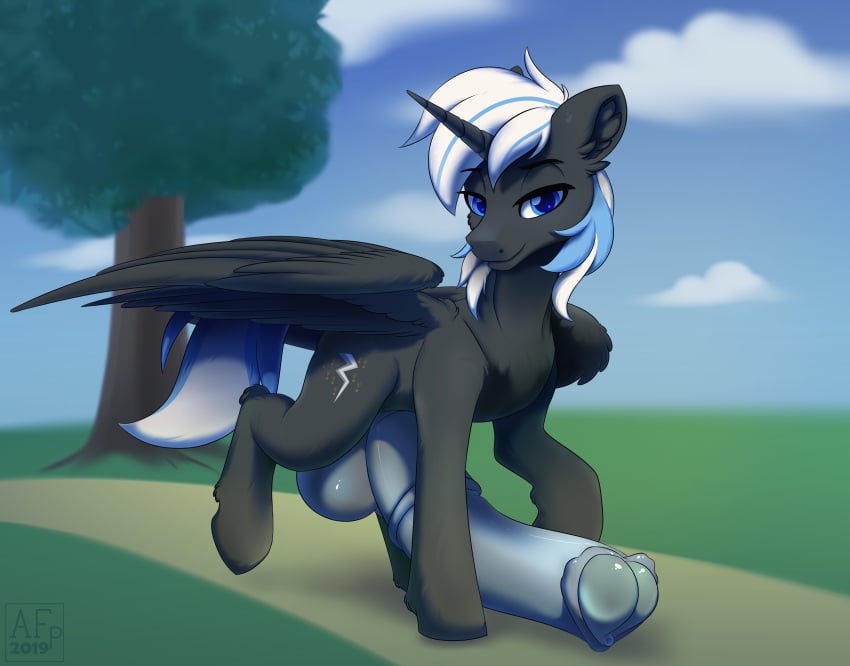 2019 absurd_res airfly-pony alicorn animal_genitalia animal_penis balls big_penis black_body black_feathers black_fur black_wings blue_eyes blue_highlights cloud cutie_mark equid equine equine_penis fan_character feathered_wings feathers feral fur genitals hasbro hi_res highlights_(coloring) horn huge_cock hyper hyper_genitalia hyper_penis inner_ear_fluff looking_at_viewer male mammal mane my_little_pony outside penis plant signature solo text tree tuft walking white_mane white_tail wings