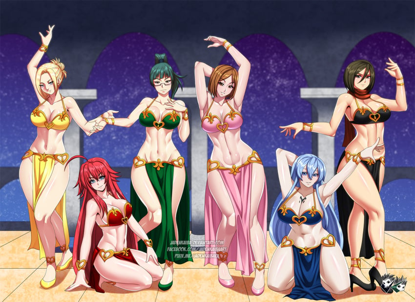 6+girls 6girls akame_ga_kill! annie_leonhardt armpits attack_on_titan belly_dancer belly_dancer_outfit big_breasts black_hair blonde_female blonde_hair blue_hair brown_hair cleavage crossover dancer dancer_outfit esdeath_(akame_ga_kill!) female female_only green_hair harem harem_girl harem_outfit high_school_dxd huge_breasts jadenkaiba jujutsu_kaisen kugisaki_nobara large_breasts loincloth long_hair looking_at_viewer mikasa_ackerman multiple_females multiple_girls ponytail red_hair rias_gremory scarf shingeki_no_kyojin short_hair thick_thighs voluptuous zenin_maki