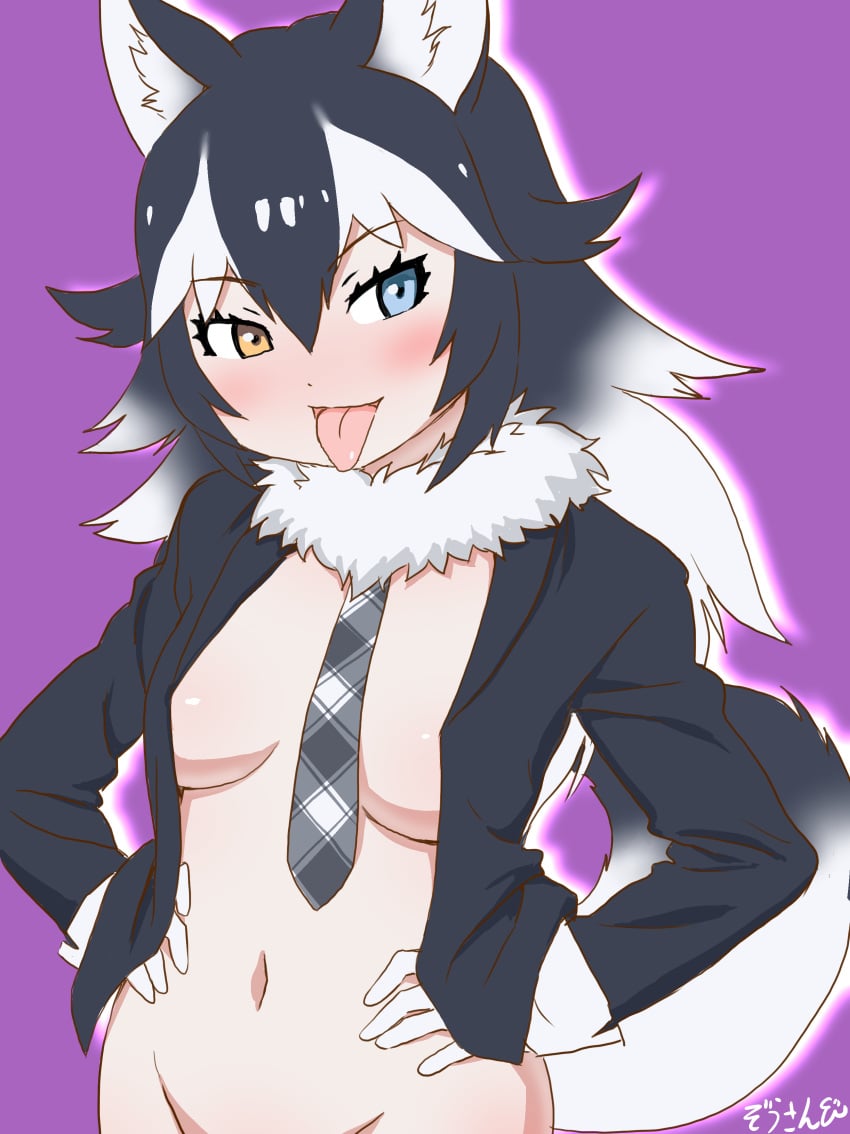 animal_ears blazer blue_eyes blue_hair clothing cowboy_shot eyebrows_visible_through_hair female female female_only female_solo fur_collar gloves gradient_hair grey_wolf_(kemono_friends) hands_on_hips happy heterochromia high_resolution jacket kemono_friends long_hair long_sleeves looking_to_the_side masuyama_ryou multicolored_hair necktie no_bra no_pants open_clothes open_mouth partially_clothed pink_background plaid_neckwear sidelocks simple_background smile solo standing tongue tongue_out two-tone_hair very_high_resolution white_hair wolf_ears yellow_eyes