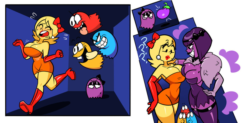 2girls 3boys ass big_breasts blinky_(pac-man) clyde_(pac-man) dress inky_(pac-man) lipstick ms._pac-man pac-man_(series) red_lipstick stockings sue_(pac-man) superspoe thick_lips thick_thighs thighs wide_hips