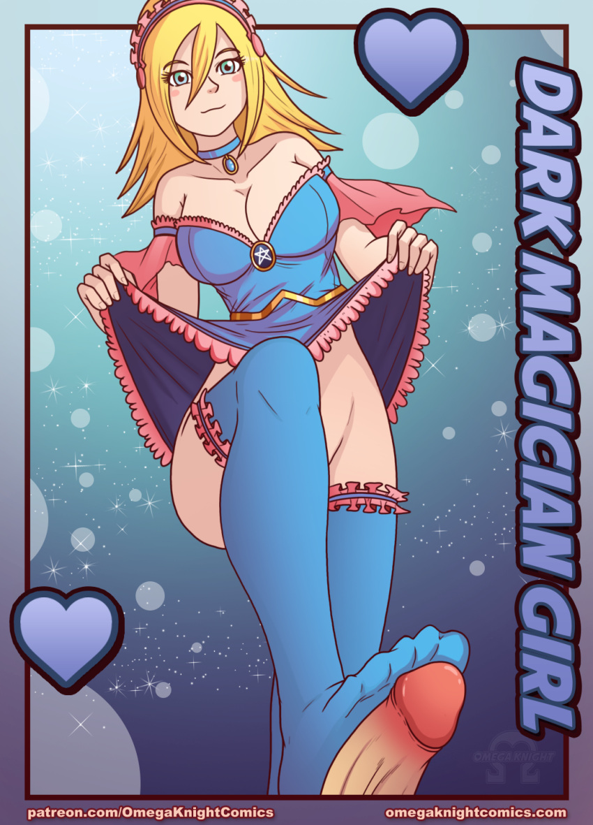 1boy 1girls big_breasts blonde_hair blue_dress blue_eyes blue_stockings blush censored_pussy dark_magician_girl female footjob light-skinned_female light-skinned_male no_panties omega-knight patreon patreon_username penis pinup unseen_male_face yu-gi-oh!