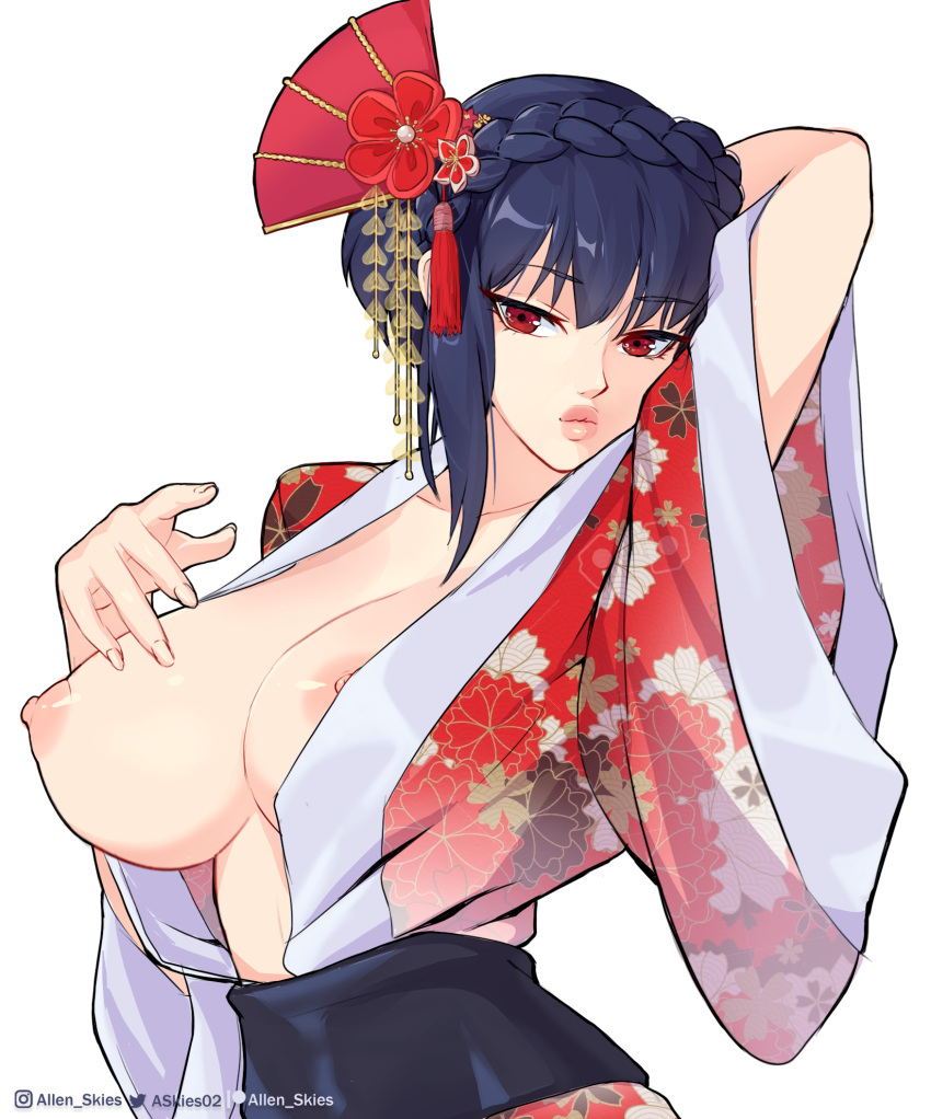 1girls allen_skies02 arm_behind_head asian asian_female black_hair braid breasts clothing female floral_print gardnerverse hair_ornament kimono koto_ishikawa large_breasts nipples open_clothes pout red_eyes short_hair simple_background upper_body