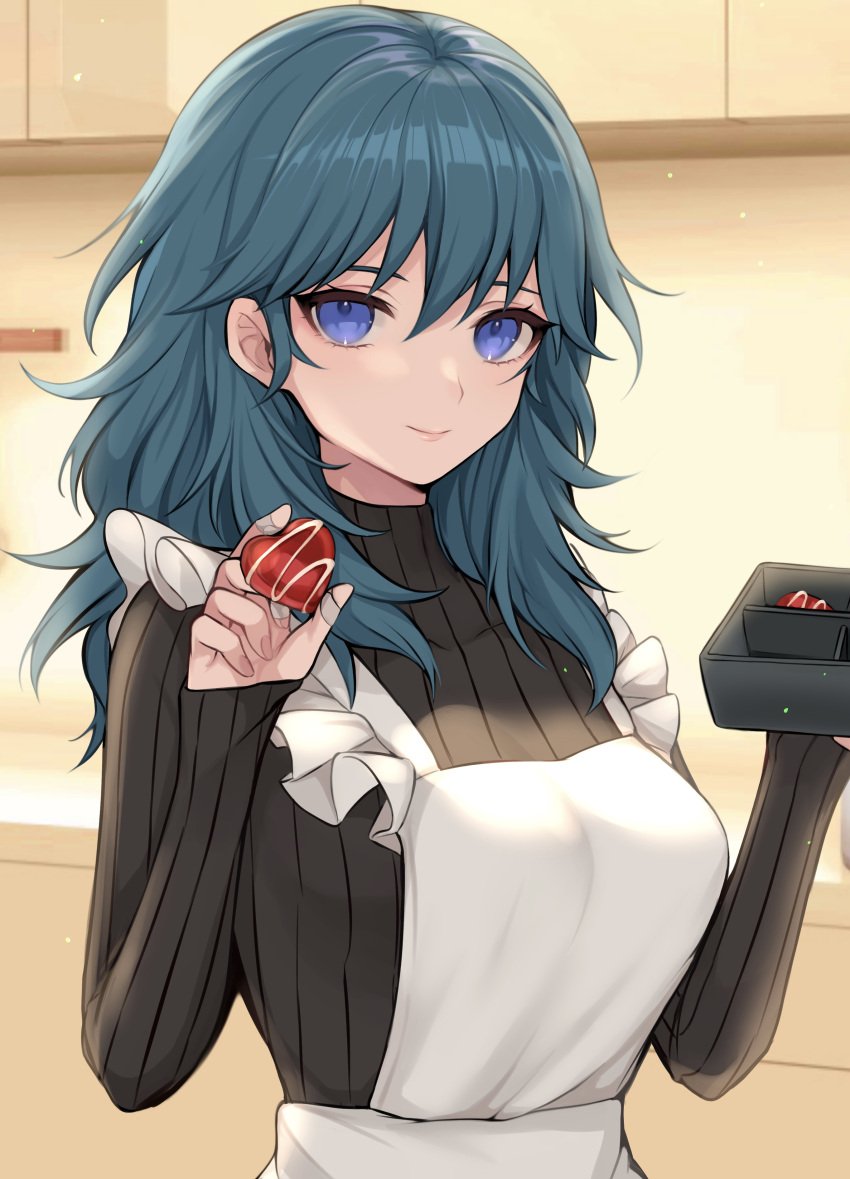 1girls apron blue_eyes box breasts byleth_(fire_emblem) byleth_(fire_emblem)_(female) chocolate chocolate_heart fire_emblem fire_emblem:_three_houses food hi_res kitchen looking_at_viewer medium_hair nintendo shimizu_akina smile solo sweater teal_hair