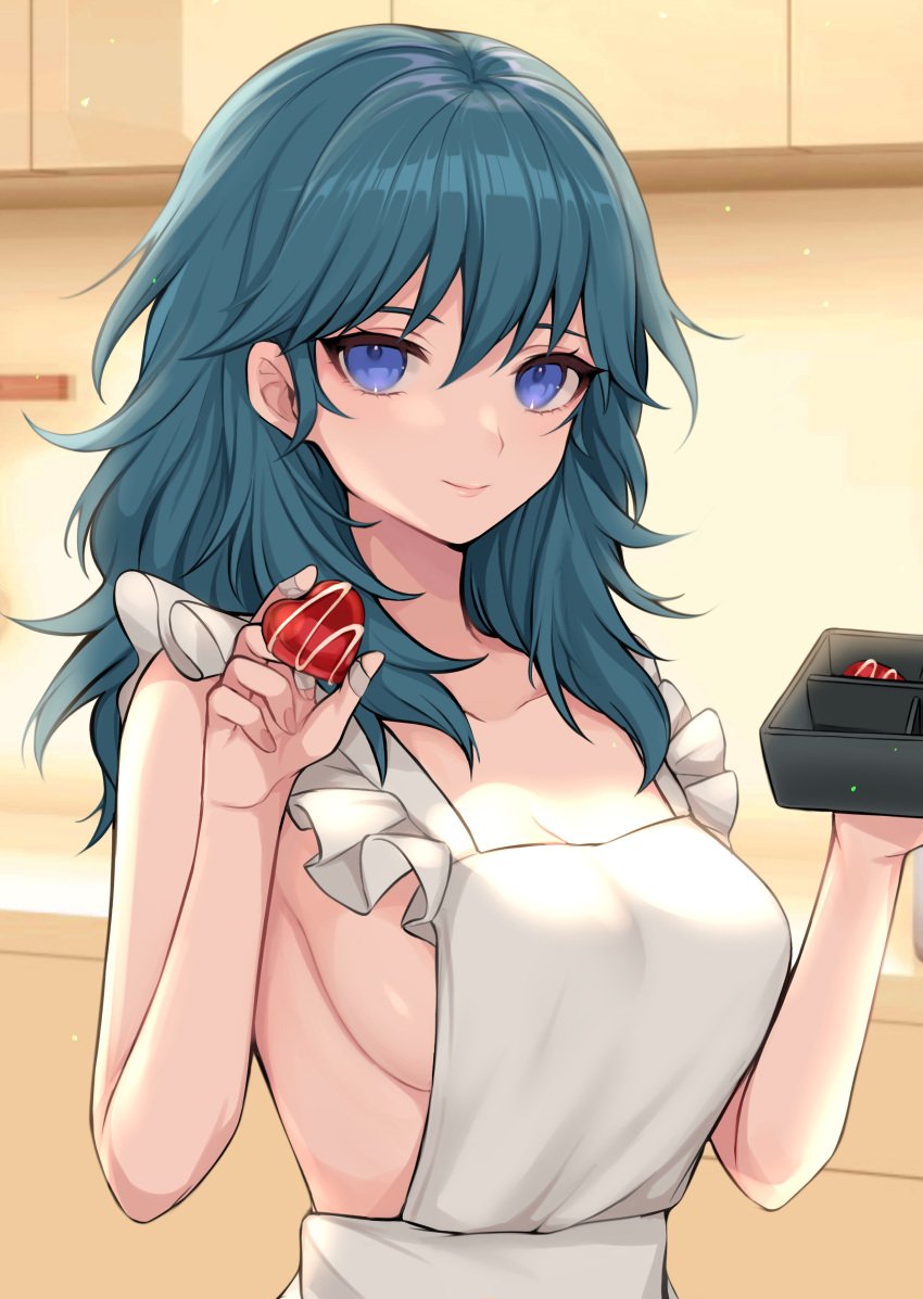 1girls apron blue_eyes box breasts byleth_(fire_emblem) byleth_(fire_emblem)_(female) chocolate chocolate_heart fire_emblem fire_emblem:_three_houses food hi_res kitchen looking_at_viewer medium_hair naked naked_apron nintendo nude nude_underneath shimizu_akina sideboob smile solo teal_hair