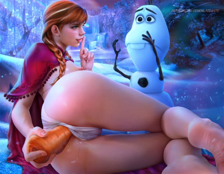 anal_insertion anal_masturbation anna_(frozen) ass big_ass breasts cameltoe carrot demonlorddante disney erect_nipples frozen_(film) large_ass lying_on_side nipples nude olaf_(frozen) panties realistic red_hair snow snowman soles thick_thighs thigh_gap uncensored white_hair