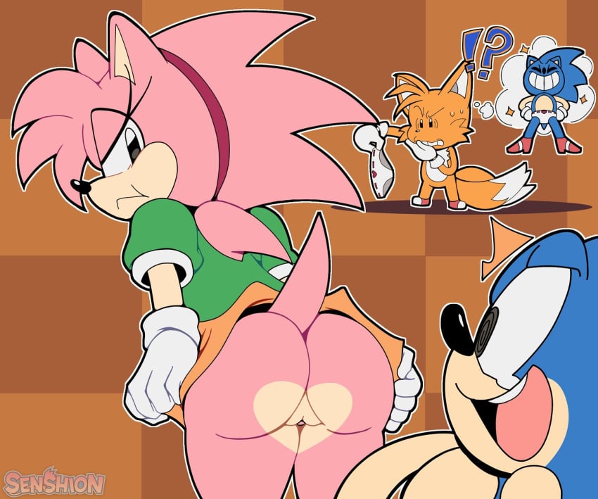 2022 ?! amy_rose anthro ass big_butt black_eyes black_nose blue_body blue_fur bottomwear canid canine classic_amy_rose classic_sonic_(universe) clothed clothing eulipotyphlan female fox fur genitals group hedgehog male mammal multicolored_body panties pink_body pink_fur pussy sega senshion skirt sonic_(series) sonic_cd sonic_the_hedgehog sonic_the_hedgehog_(series) tails two_tone_body underwear white_body white_fur yellow_body yellow_fur