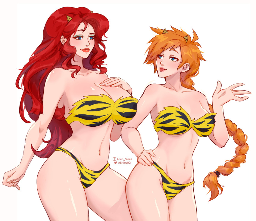 2girls allen_skies02 bikini blue_eyes cleavage clothed_female gardnerverse horns large_breasts lipstick lum_(cosplay) makeup marty_gardner multiple_girls navel red_hair sam_gardner sisters thick_lips tiger_stripes tongue_out urusei_yatsura