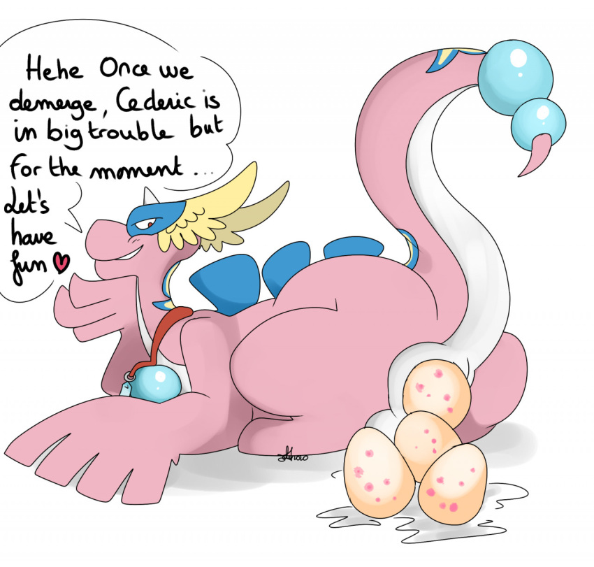 dragonair egg egg_laying eggs english_text furry fusion horn lugia nelsonnoir pink_scales pokemon pokemon_(species) pokemon_gsc pokemon_rgby scalie tail