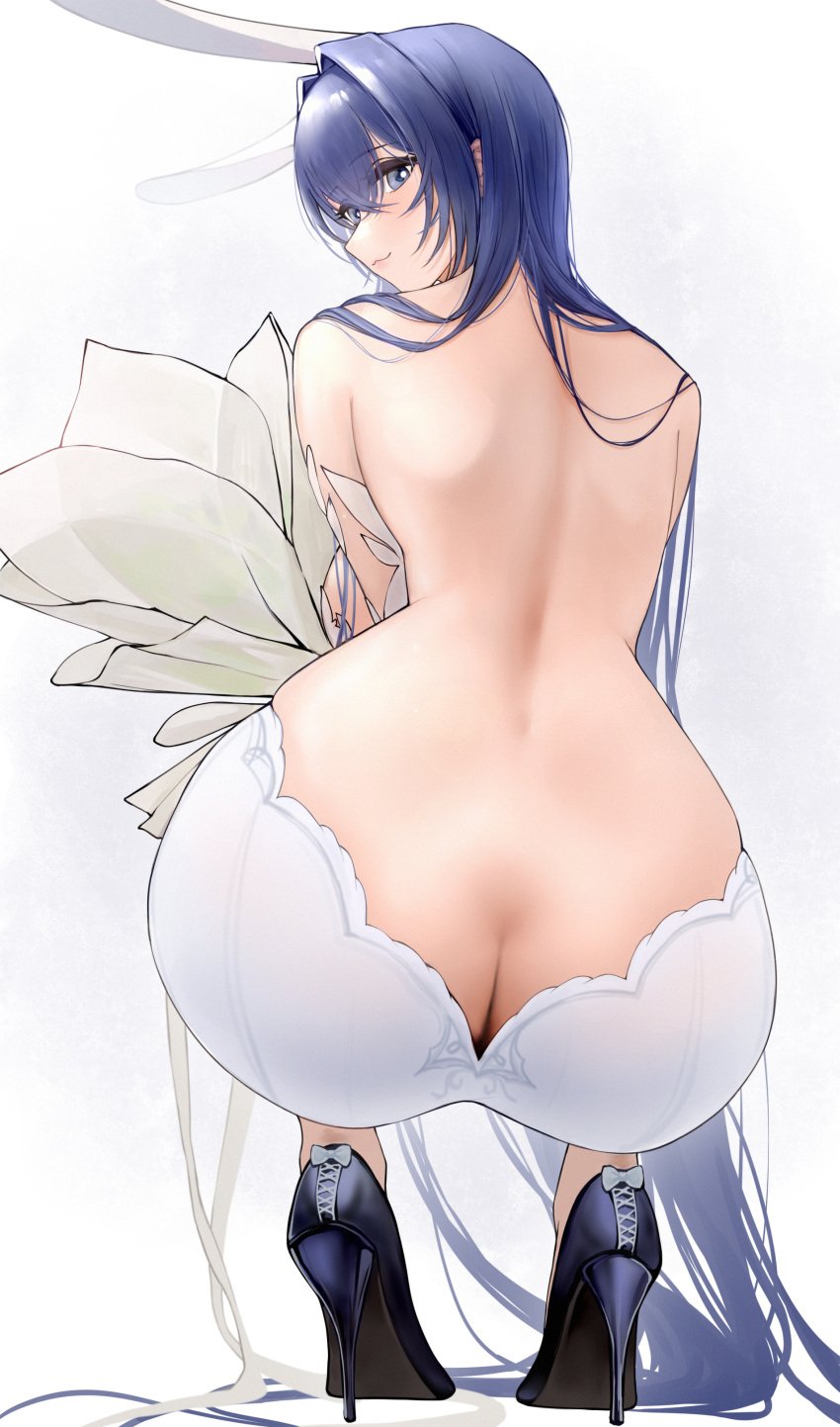 :3 absurdres animal_ears ass ass_cleavage ass_in_dress azur_lane back backless_dress backless_outfit bare_back blue_eyes blue_hair blush breasts bridal_veil bride butt_crack cl_(summer_sama) dress fake_animal_ears female high_heels highres large_breasts long_hair looking_at_viewer looking_back new_jersey_(azur_lane) new_jersey_(snow-white_ceremony)_(azur_lane) official_alternate_costume rabbit_ears shoes smile solo stiletto_heels veil wedding_dress