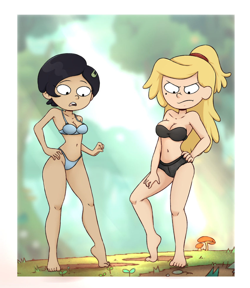 2girls alternate_hairstyle amphibia barefoot bikini bikini_bottom bikini_top cleavage commission disgusted disney disney_channel disney_xd drawsoyeah duo feet female_focus female_only forest frustrated full_body hair_pin long_hair marcy_wu ponytail sasha_waybright short_hair straight_hair thighs toes underwear