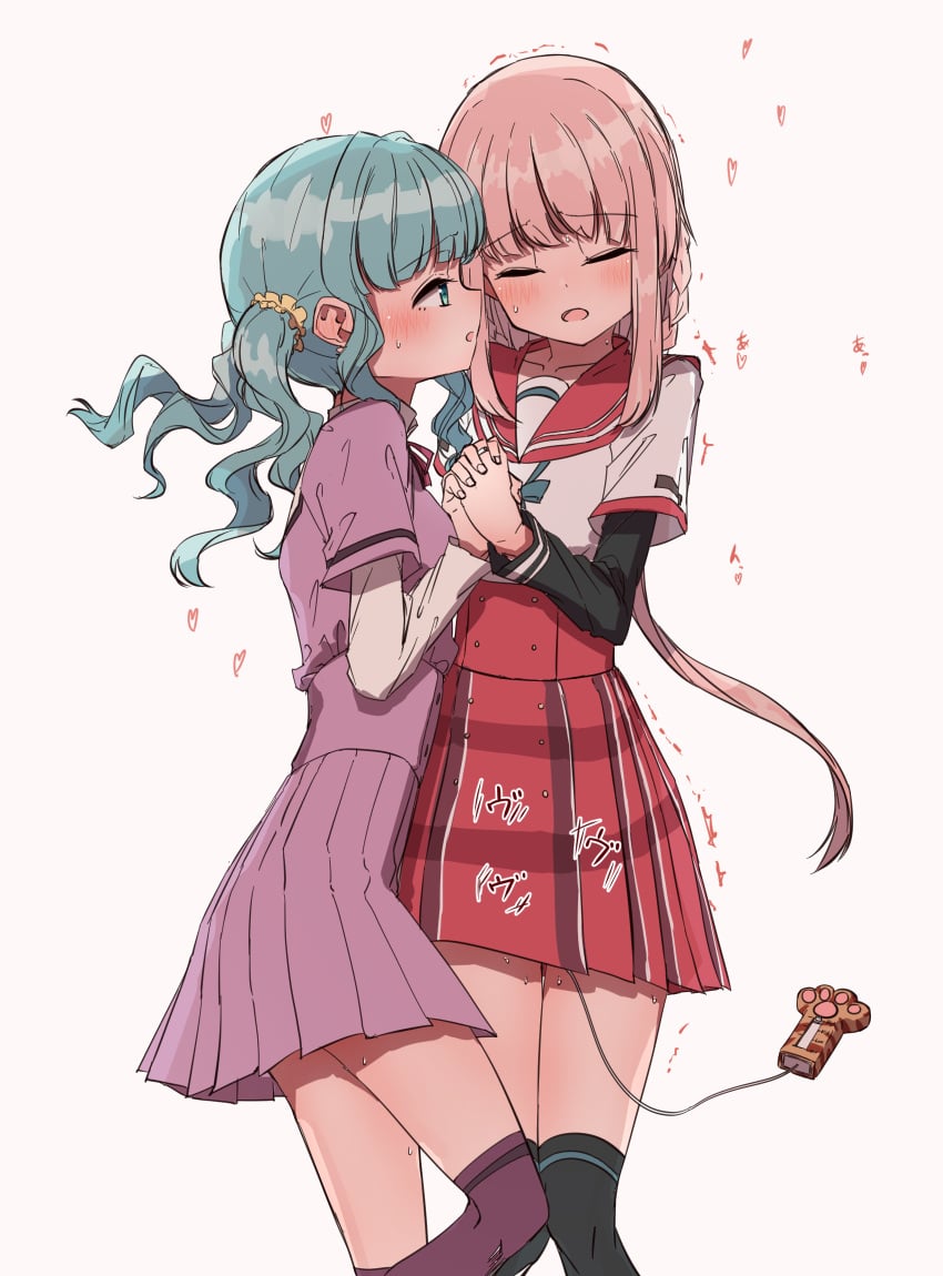 2girls black_thighhighs blush braid closed_eyes egg_vibrator female futaba_sana green_eyes green_hair highres hime_cut holding_hands kamihama_university_affiliated_school_uniform long_hair magia_record:_mahou_shoujo_madoka_magica_gaiden mahou_shoujo_madoka_magica mizuna_girls&#039;_academy_school_uniform multiple_girls purple_thighhighs sakaemdg school_uniform sex_toy short_hair tamaki_iroha thighhighs twintails vibrator yuri