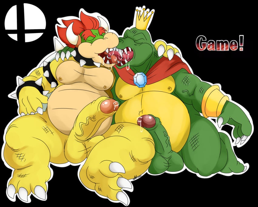 bara bowser cape claws crown donkey_kong_(series) eyes_closed gay green_scales horns k_rool male_only mario_(series) nelsonnoir nintendo precum red_hair scalie super_smash_bros. tongue_kiss yaoi