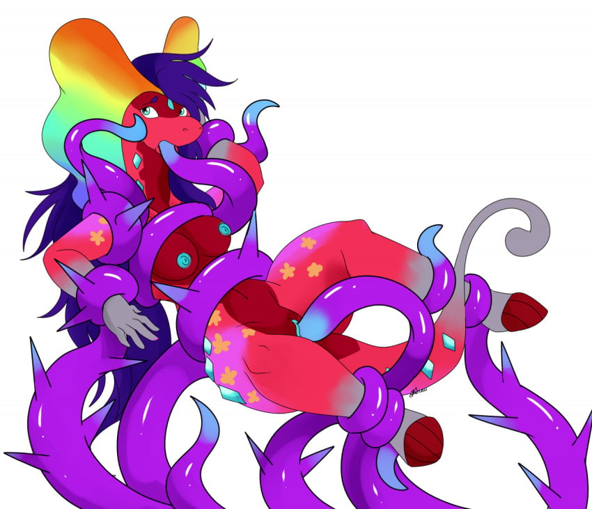 anthro anthrofied aurorus blue_eyes female large_breasts nelsonnoir pokemon pokemon_xy rainbow scalie tentacle tentacle_in_mouth thorns