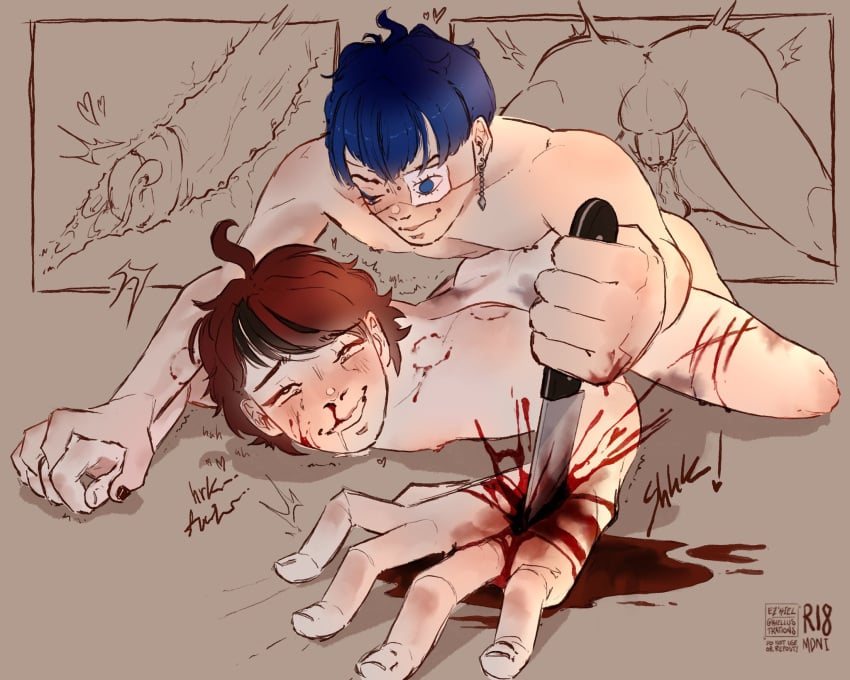 anal bite_mark blood blood_on_face blue_hair brutal carving cum_drip cum_dripping_from_ass cum_in_ass cum_inside cumming_while_penetrating cumshot cuts cuts_on_thighs drooling enjoying extreme eyepatch eyes_rolling_back floor_sex gore guro hand_holding imminent_orgasm k080200479 knife knife_in_hand male male/male male_only male_penetrating_male masochism mind_break nosebleed omokage_yugamu overstimulation painful panels pinned pinned_down red_hair sadism smug sound_effects stabbed sumino_takumi takumi_sumino tally_marks the_hundred_line_-last_defense_academy- x-ray yaoi yugamu_omokage
