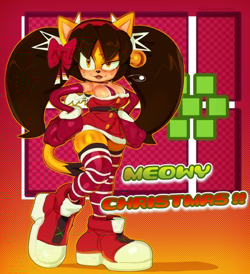 1girls absurd_res amber_eyes anthro black_hair breasts cashumeru christmas christmas_outfit digital_media_(artwork) english_text female_focus gloves hair_accessory hair_ribbon hairband hi_res honey_the_cat large_breasts long_hair open_mouth shoes sonic_(series) sonic_the_fighters striped_legwear sweat tail