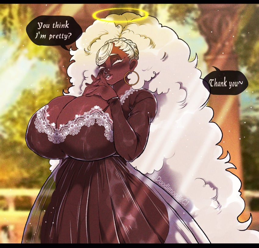 1girls cute dark-skinned_female doodlenoodlecj earring extremely_long_hair female halo huge_ass huge_breasts hyper_hair long_hair milf mole solo_female tagme talking talking_to_viewer text white_hair