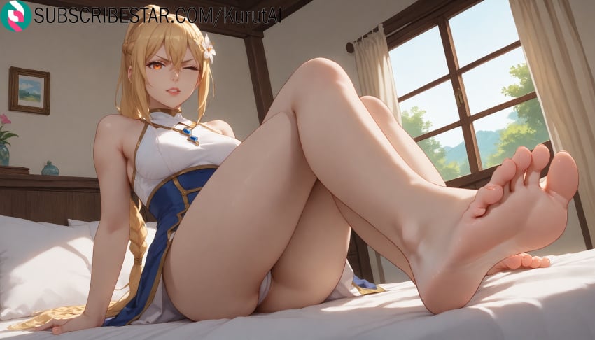 1girls ai_generated artist_name artist_signature bare_shoulders barefoot bed blonde_hair bogus_skill_fruitmaster braid breasts dress feet female foot_focus foreshortening hair_flower hair_ornament hazure_skill_&lt;&lt;kinomi_master&gt;&gt;:_skill_no_mi_(tabetara_shinu)_wo_mugen_ni_taberareru_you_ni_natta_ken_nitsuite hi_res high_resolution highres indoors kurutai legs lena_floria long_hair looking_at_viewer necklace on_bed one_eye_closed orange_eyes panties parted_lips sitting soles solo subscribestar subscribestar_username toes uncensored underwear white_panties