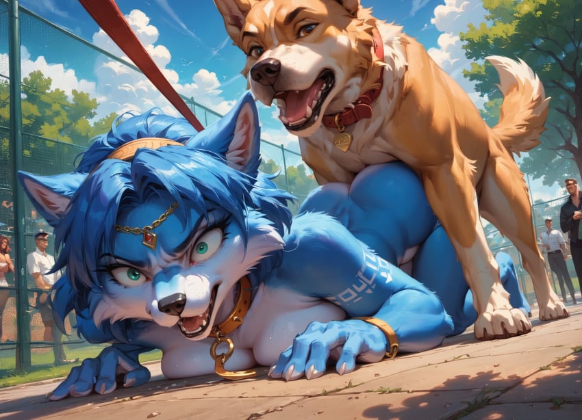 1girls ai_generated anthro audience blue_eyes blue_fur brown_fur canine collar domestic_dog female female_on_feral feral feral_on_anthro feral_penetrating feral_penetrating_anthro fox furry krystal krystal_(star_fox) leash looking_at_viewer male male_on_anthro multiple_boys nintendo outdoors park petplay public public_humiliation public_sex star_fox zoophilia