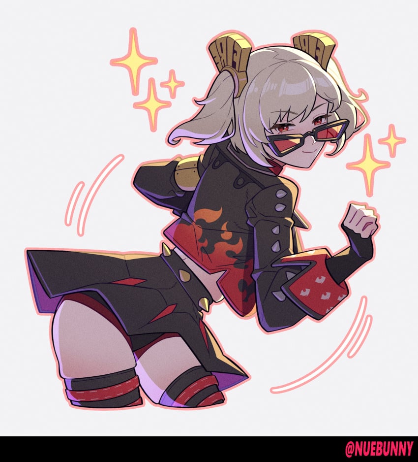 absurdres artist_name black_jacket black_skirt blonde_hair blush breasts burnice_white closed_mouth cowboy_shot dancing female grey_background hair_between_eyes highres jacket large_breasts long_hair looking_at_viewer nuebunny red-tinted_eyewear sidelocks simple_background skirt smile sparkle sunglasses thighs tinted_eyewear zenless_zone_zero