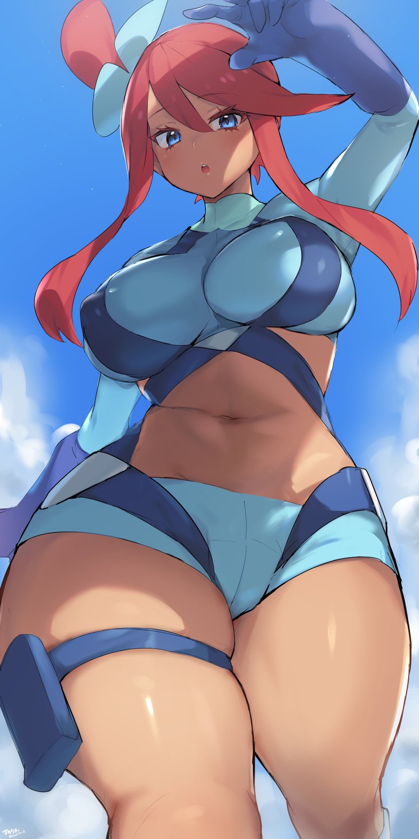 1girls 2022 absurd_res alternate_breast_size asymmetrical_hair athletic athletic_female blue_clothing blue_eyes booty_shorts breasts clouds creatures_(company) crop_top daytime exercise female female_only fit fit_female front_view game_freak gloves gym_leader hair_ornament hips huge_breasts light_blush looking_at_viewer low-angle_view midriff nintendo outdoors pokemon pokemon_(anime) pokemon_(game) pokemon_bw pokemon_bw2 pokemon_trainer red_hair running short_hair_with_long_locks short_shorts shorts skindentation skyla_(pokemon) slim_waist solo sunlight suurin_(ksyaro) tan tan-skinned_female tanned_skin thick_thighs thigh_pouch thigh_strap thighs thunder_thighs wide_hips