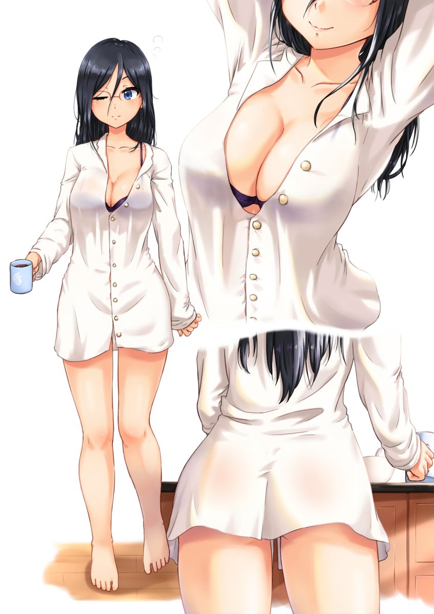 1girls after_sex barefoot black_hair blue_eyes bra dark_hair feet female full_body glasses happy hibike!_euphonium holding_mug june_(ne_z_asa) light-skinned_female light_skin long_sleeves morning_after mug one_eye_closed oversized_shirt smile smiling standing tanaka_asuka toes wearing_others_clothes wearing_partner's_clothes wink