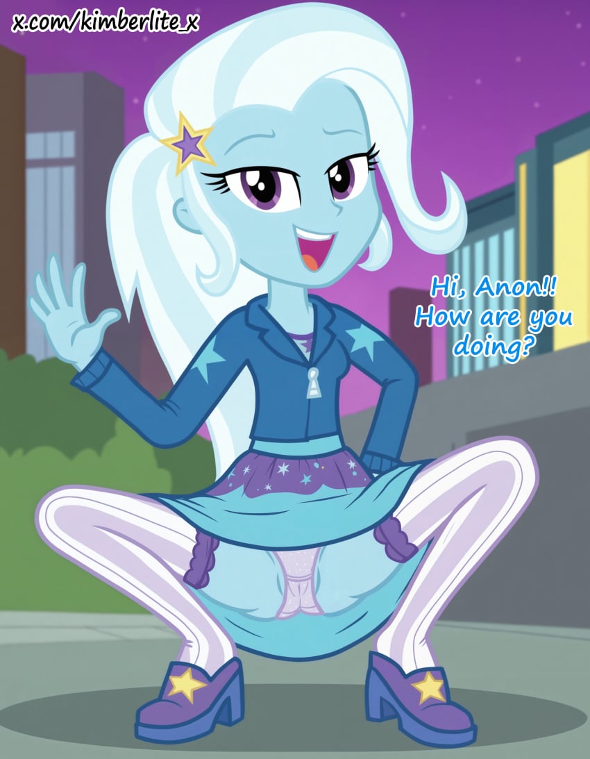 ai-assisted ai_generated city dirt female greeting highres kimberlite_moonbow mlp_g4 mlpeg my_little_pony night self-upload sexy smiling solo squatting trixie_lulamoon uncensored url
