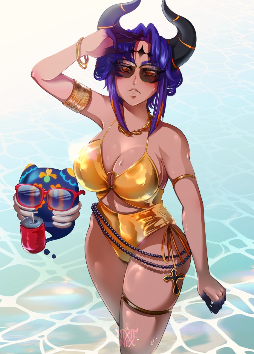 1girls 2d 2d_(artwork) alternate_costume big_breasts black_horns brown-skinned_female brown_skin day fanart female female_focus female_only front_view golden_bikini golden_bikini_bottom golden_bikini_top golden_swimsuit high_resolution highres horns kalopsie_px latam_virtual_youtuber looking_at_viewer mixte_nex mixte_nex_(artist) ocean outdoors purple_hair red_eyes red_hair short_hair solo solo_female solo_focus standing standing_in_water summer sunglasses swimsuit virtual_youtuber voluptuous voluptuous_female vtuber vtuberfanart water young younger_female