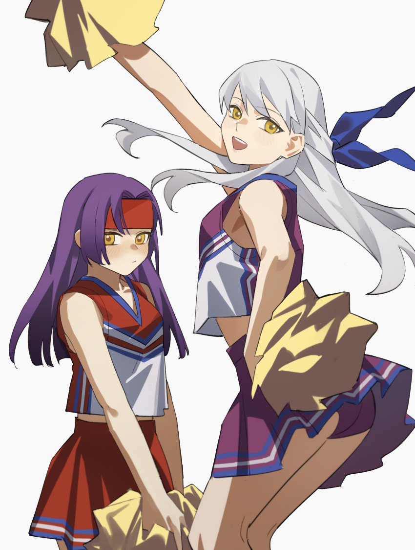 2girls :d absurdres adapted_costume alternate_costume arm_up ass bangs bare_shoulders blush buruma cheering cheerleader crop_top eyebrows_visible_through_hair female female_only fire_emblem fire_emblem:_path_of_radiance fire_emblem:_radiant_dawn grey_hair hair_ribbon headband highres holding holding_pom_poms jewelry long_hair looking_at_viewer micaiah_(fire_emblem) midriff miniskirt multiple_girls nintendo open_mouth panties pantyshot pom_pom_(cheerleading) purple_hair purple_panties purple_skirt red_headband red_skirt ribbon sanaki_kirsch_altina shirt simple_background skirt sleeveless sleeveless_shirt smile underwear upskirt white_background yellow_eyes yuissad